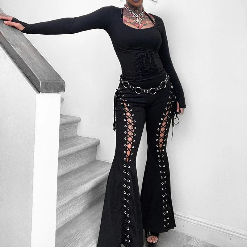 TOKYONOIR Gothic Lace-Up Flare Pants